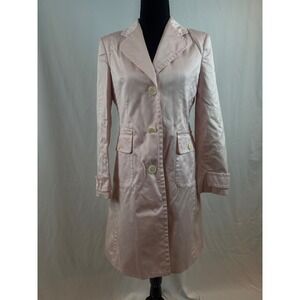 Pink Sateen Longline Trench Coat Button Front Pockets Mid-Length Jacket Small